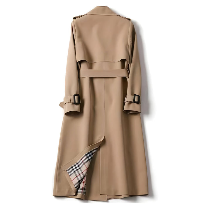 Fashionable woman wearing a ladies belted double-breasted trench coat. Perfect water-resistant spring jacket.