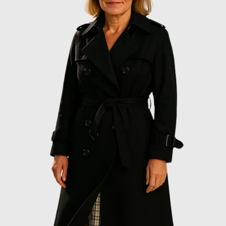 Premium women's water-resistant trench coat, featuring a classic double-breasted front and adjustable belt.