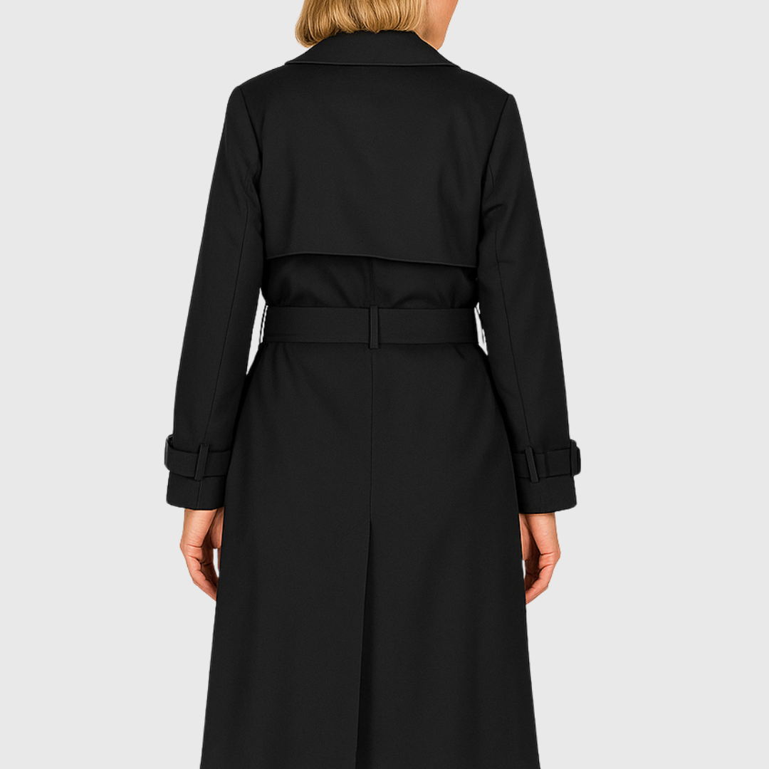 Versatile women's fall fashion: belted double-breasted trench coat, water-resistant and elegant outerwear.