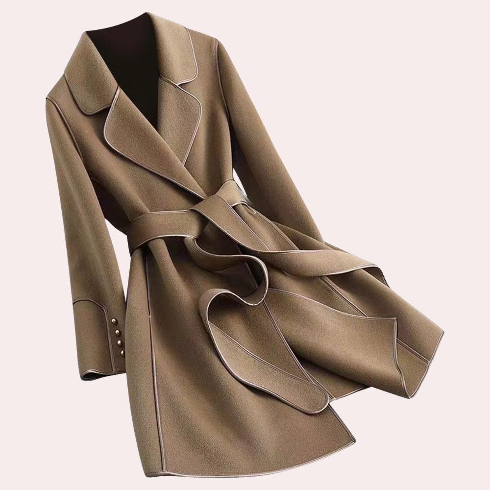 Elegant women's belted jacket, structured and versatile for formal or casual autumn/winter style.