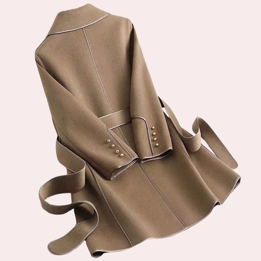 Chic women's belted jacket, perfect outerwear for layered formal or casual autumn/winter fashion.