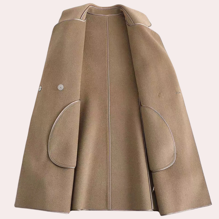Stylish women's belted jacket, elegant outerwear perfect for formal or casual autumn/winter occasions.
