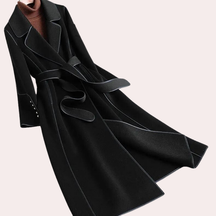 Elegant women's belted long coat with double buttons, perfect for formal or casual winter fashion.