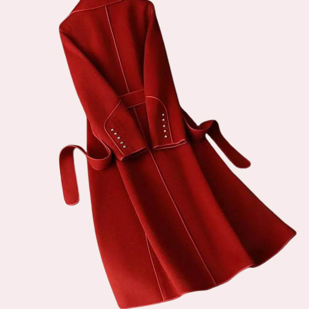 Stylish women's belted long coat, versatile for both formal and casual autumn/winter outerwear looks.