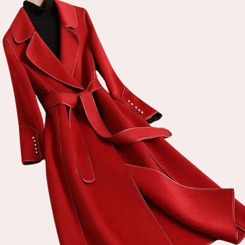 Tailored women's winter long coat, belted for a sleek fit, suitable for elegant autumn and winter wear.