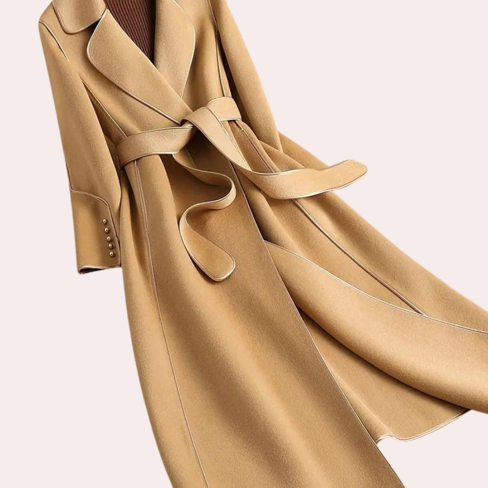 Sophisticated women's long coat with double buttons & belt, designed for stylish formal & casual wear.