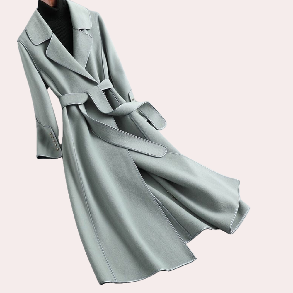 Women's double button belted long coat, an elegant and versatile piece for formal & casual outerwear.