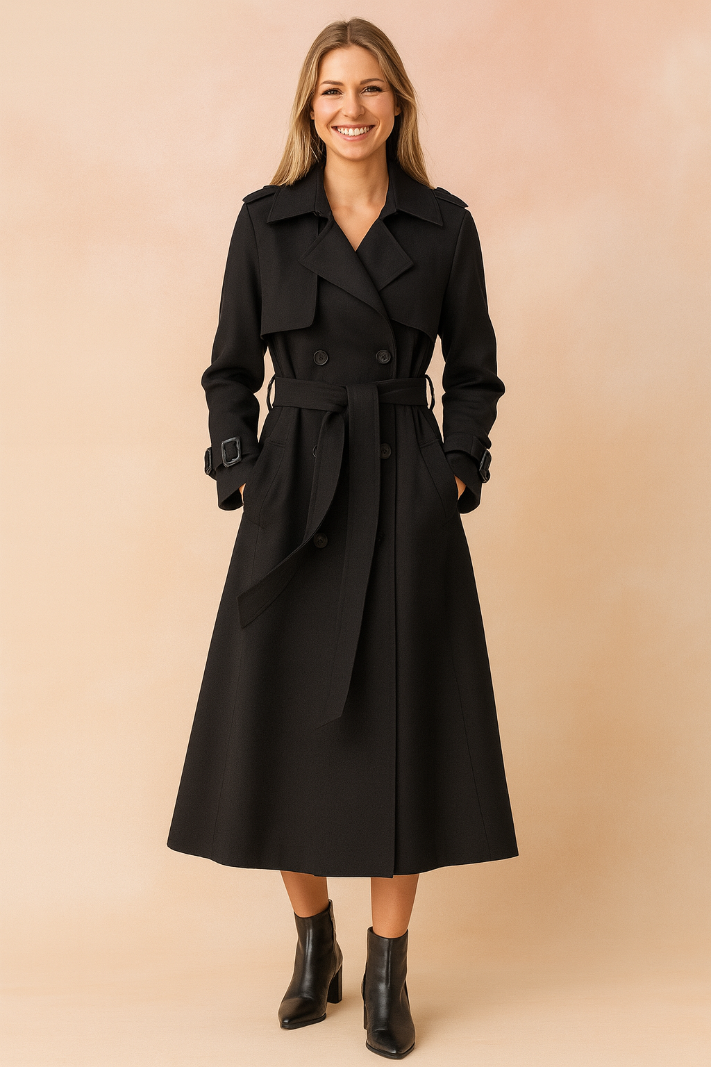 Elegant women's belted trench coat with wide lapel. Perfect for work or casual spring/autumn fashion.
