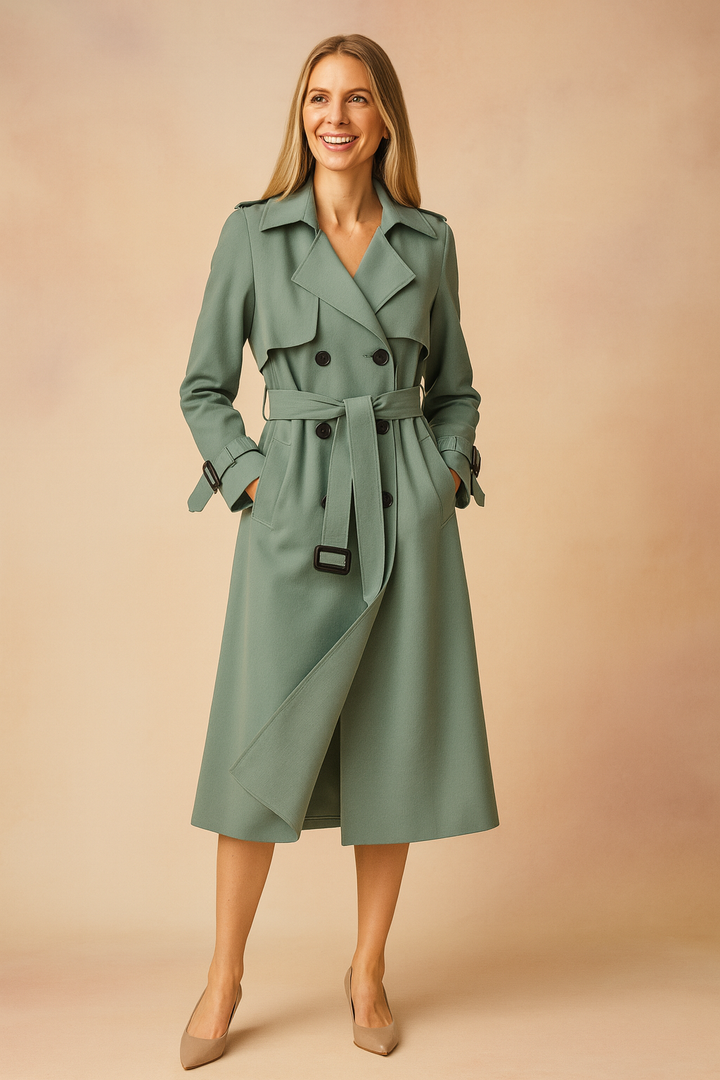 Back view of a women's classic trench coat with a belted waist and wide lapel, versatile for autumn and spring outfits.