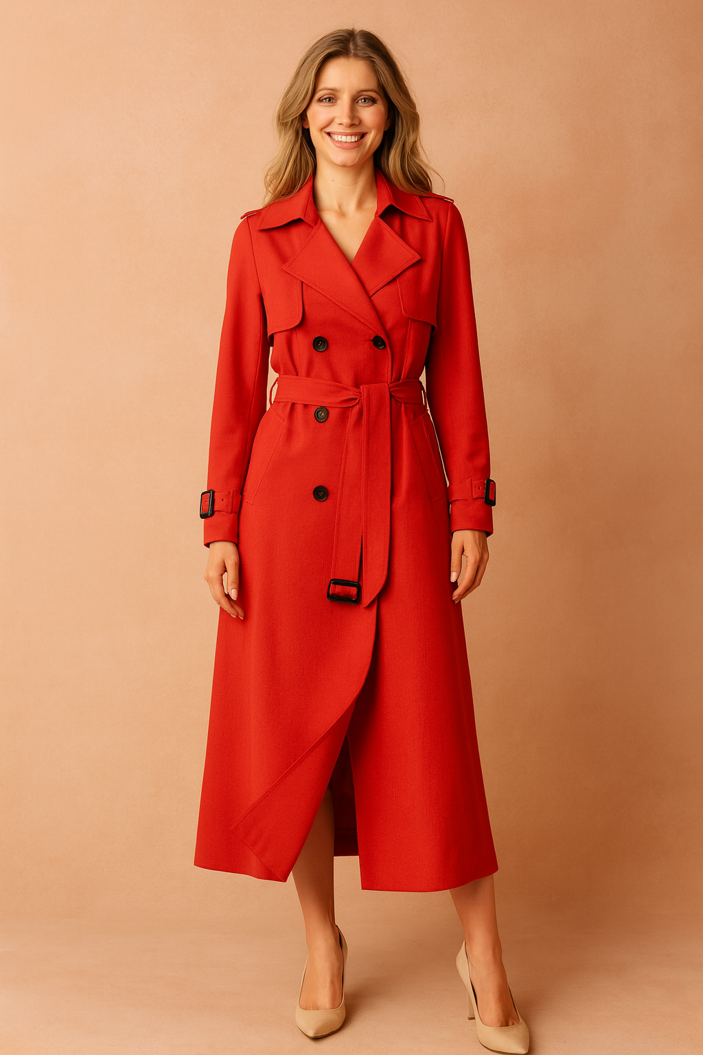 Fashionable women's belted trench coat with a wide lapel, a timeless classic for elegant workwear and casual autumn fashion.