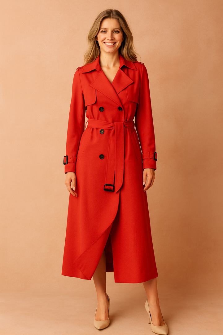 Fashionable women's belted trench coat with a wide lapel, a timeless classic for elegant workwear and casual autumn fashion.