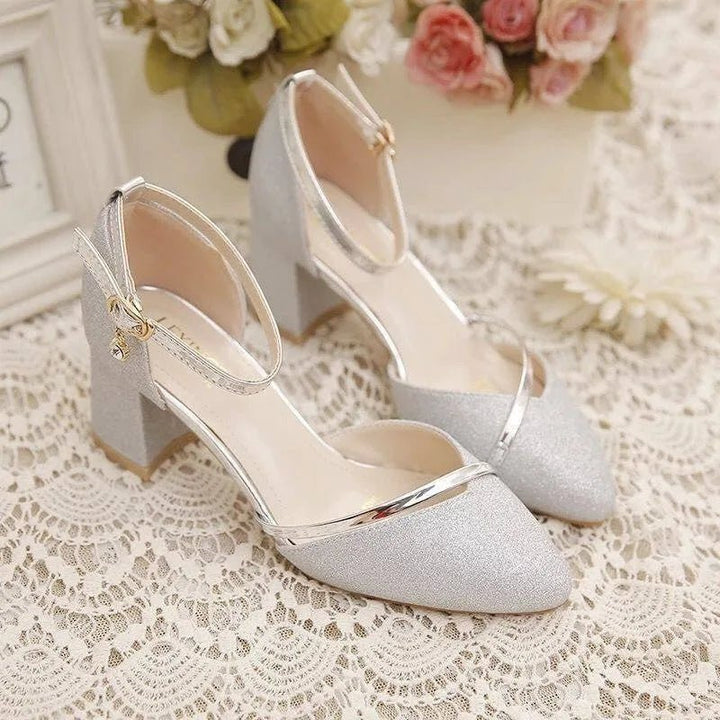Comfortable women's ankle strap block heel pumps, stylish footwear for dressy occasions and fashion.