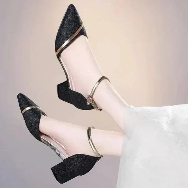 Chic women's ankle strap block heel pumps, ideal formal or party dress shoes with a stable block heel.