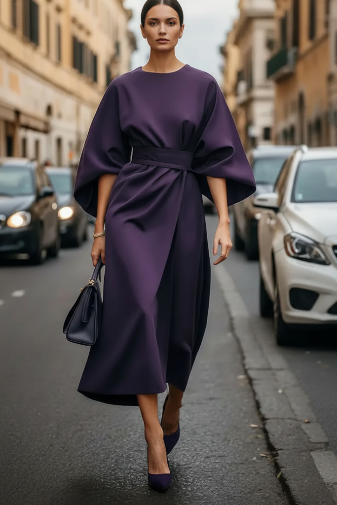 Classic women's elegant party dress in a flattering midi length, ideal for cocktail evenings & formal events.