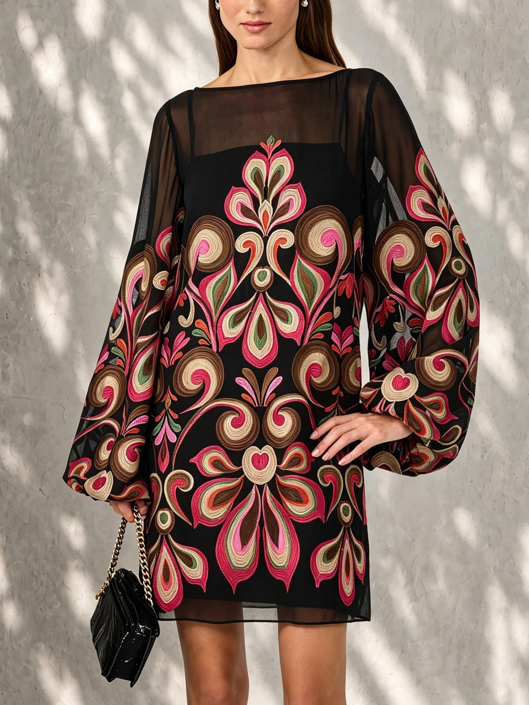 Elegant women's black floral mini dress with balloon sleeves & boat neck. Ideal for evening & party occasions.
