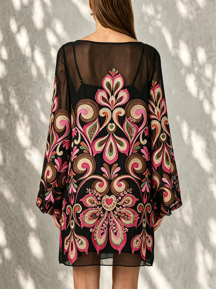 Chic black floral mini dress for women, featuring a boat neck & fashionable balloon sleeves. Perfect for parties.