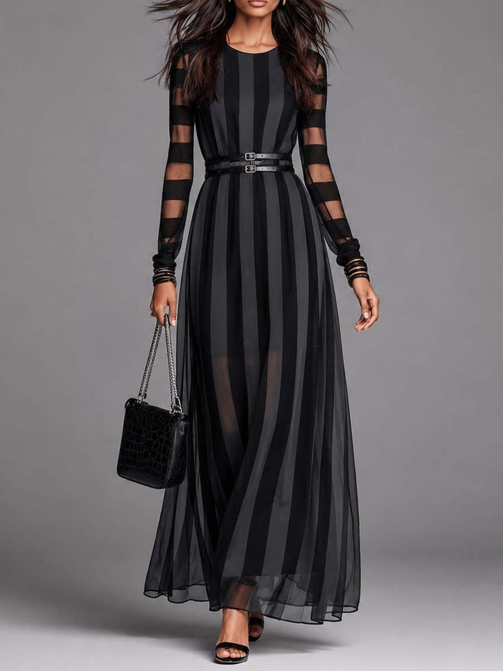 Elegant women's black maxi dress with sheer stripes, long sleeves, and belted waist for special occasions.