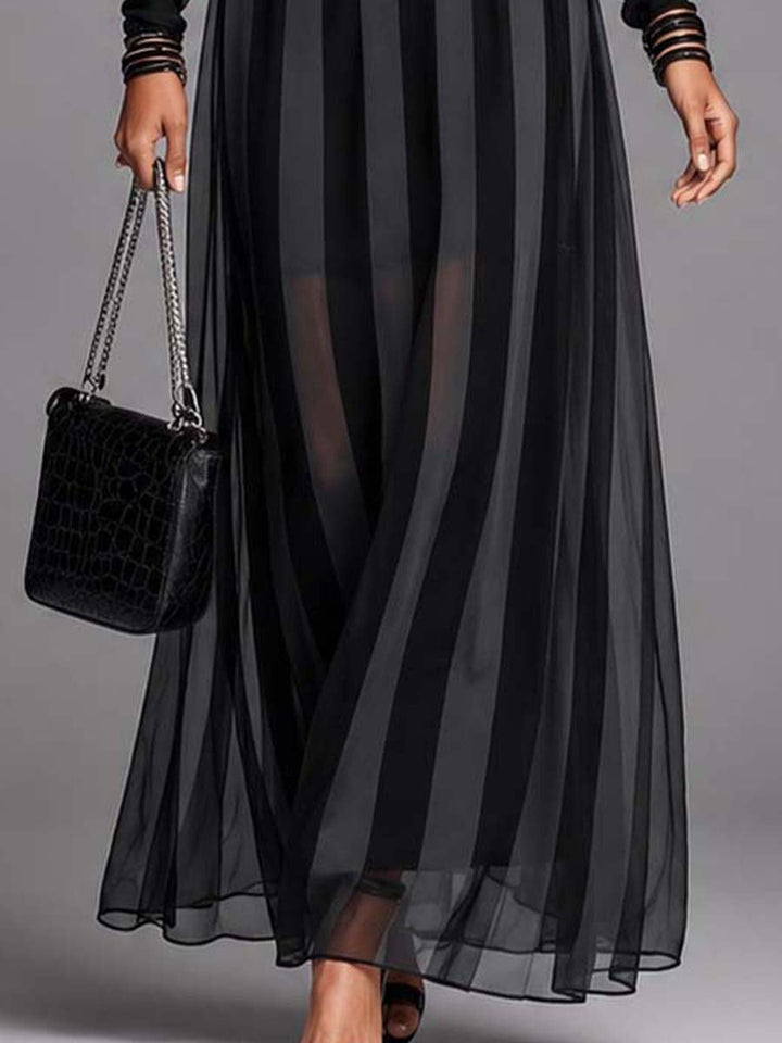 Chic black evening gown for women, a maxi dress with sheer long sleeves, elegant stripes, and a flattering belted waist.