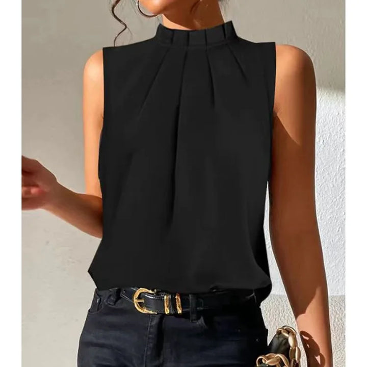 Elegant women's black pleated top, versatile for casual or office looks. Features comfortable short sleeves.