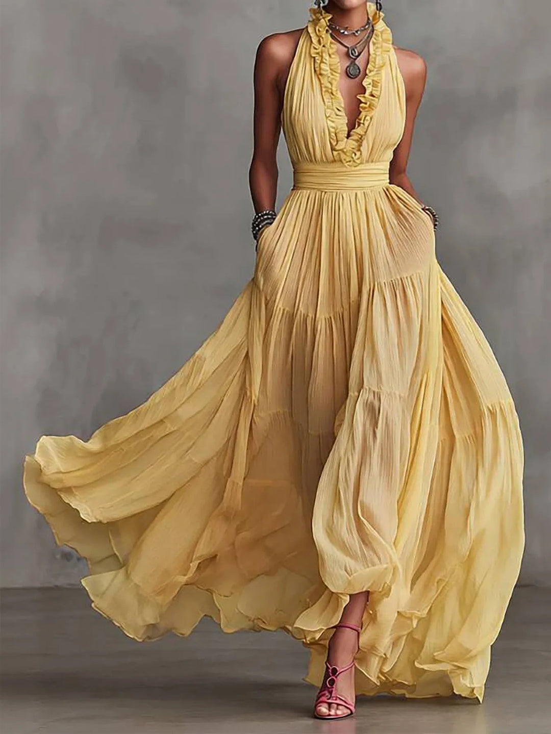 Elegant women's black ruffle trim backless maxi evening dress, perfect for formal occasions & wedding guests.