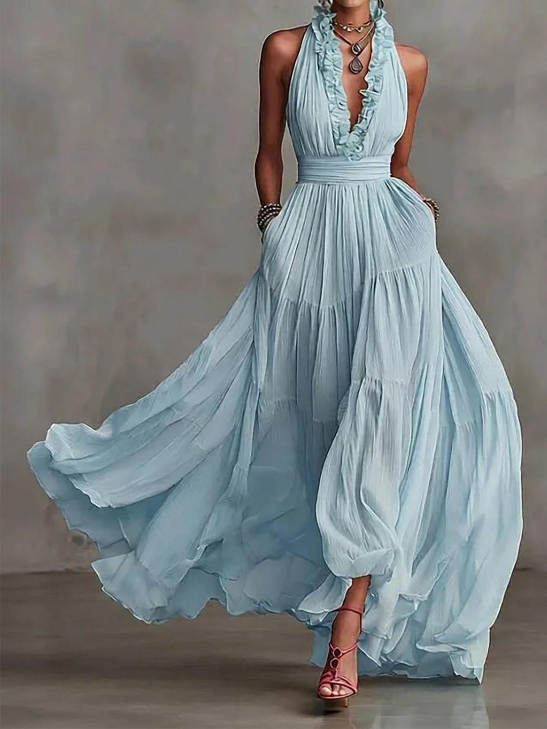 Gorgeous ruffle trim backless formal maxi dress for women, offering an elegant look for evening events & vacation.