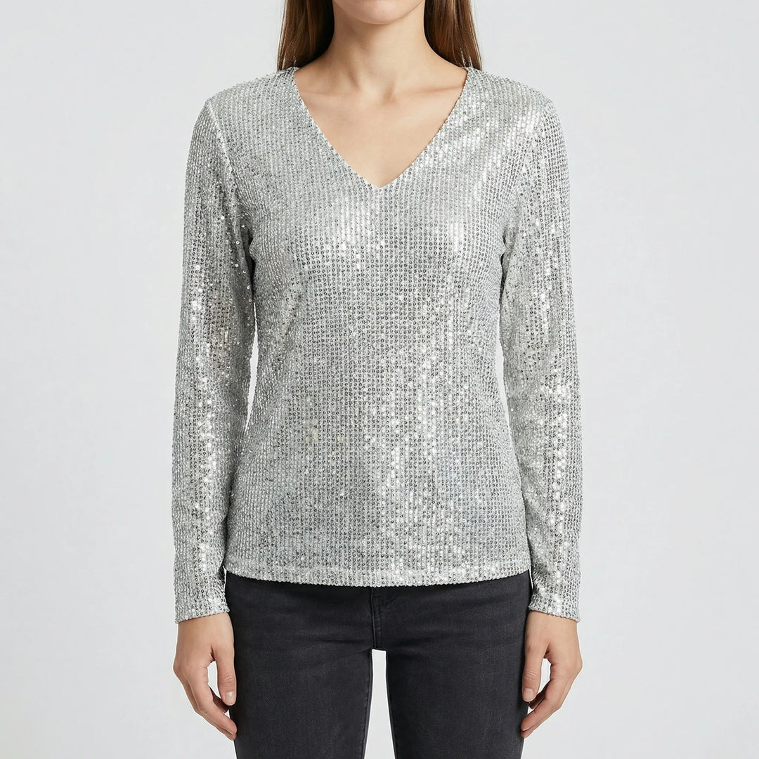 Women's gray shimmer V-neck long-sleeve blouse, a versatile top for work, parties, and elegant everyday style.