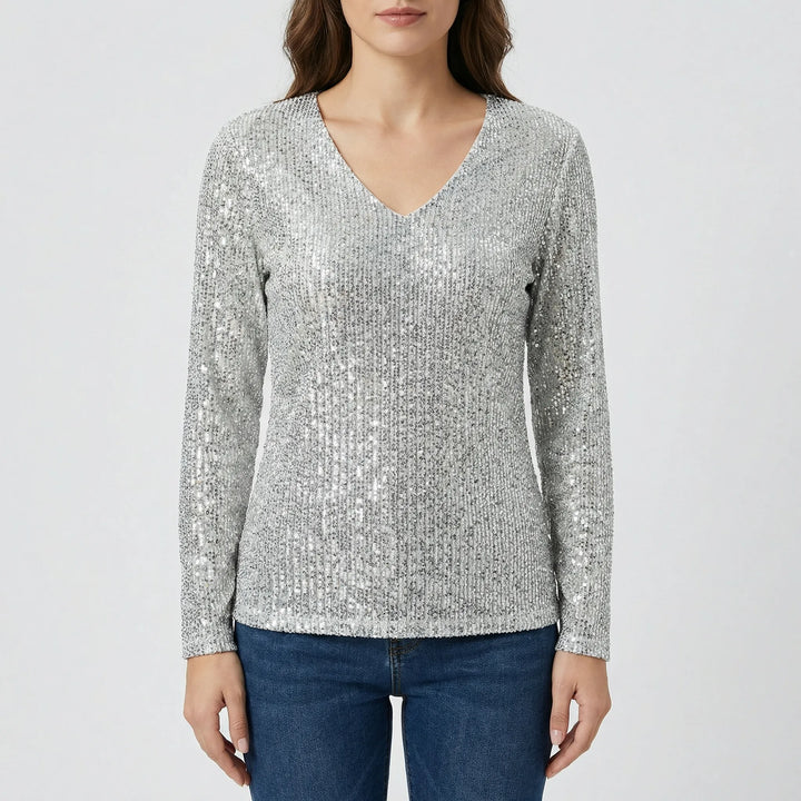 Sophisticated women's black shimmer V-neck long-sleeve blouse, an elegant choice for work or special occasions.