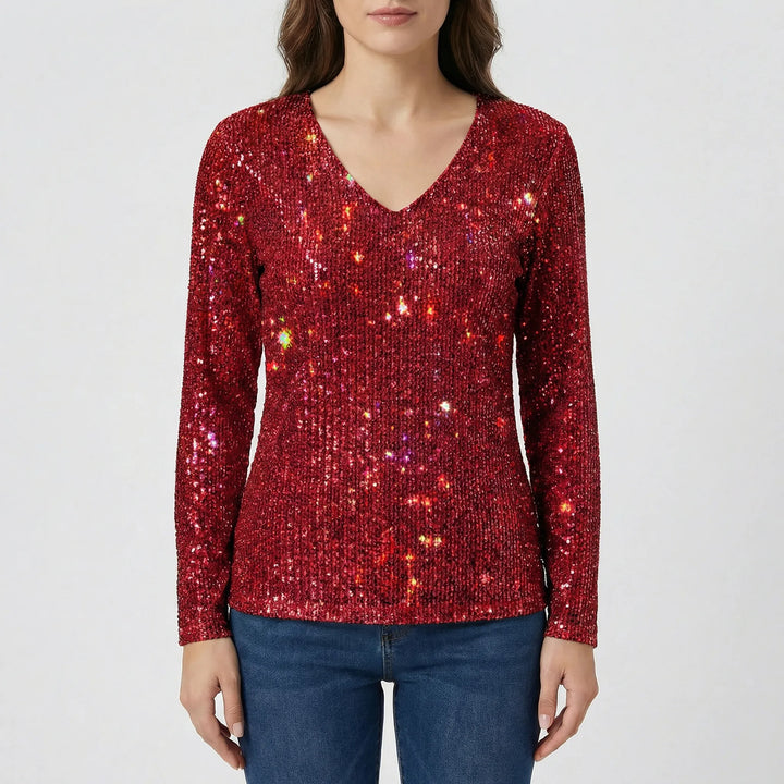 Casual chic women's shimmer V-neck long-sleeve blouse, a versatile top for effortless style in various colors.