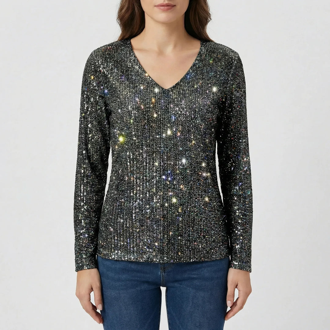Glamorous women's V-neck shimmer long-sleeve blouse, featuring elegant fabric, perfect for a chic party look.