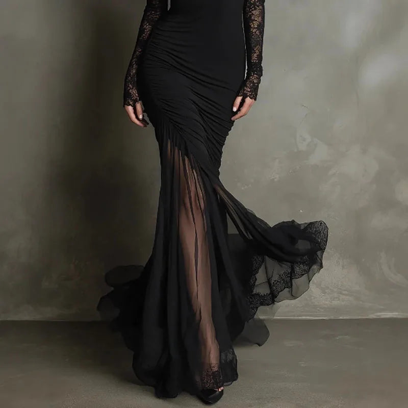 Chic women's black formal maxi dress featuring elegant lace sleeves and a flattering design for evening events.