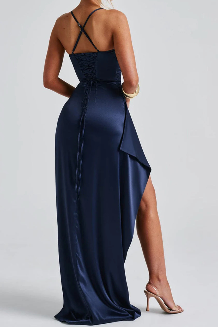 Sophisticated women's blue formal maxi dress with ruched bodice & elegant side split. Perfect for evenings.