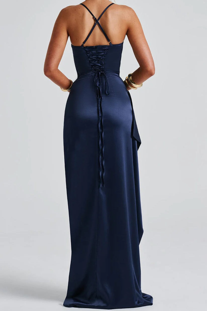 Women's elegant blue ruched split maxi dress, a gorgeous choice for galas, proms, and special occasion parties.
