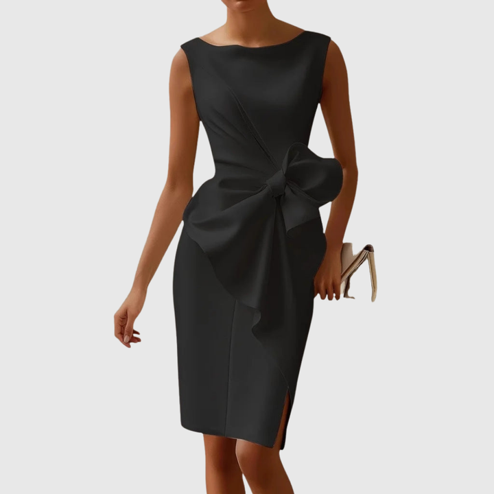 Elegant women's bodycon midi cocktail dress with a sophisticated bow detail, perfect for evening parties & formal events.