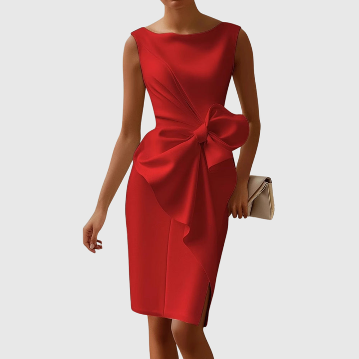 Sleeveless bodycon midi cocktail dress for women, featuring a chic bow, ideal for special occasion & party wear.