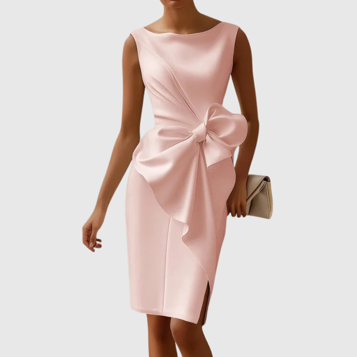 Sophisticated women's elegant bodycon midi dress with a stylish bow, perfect for formal wear and special events.