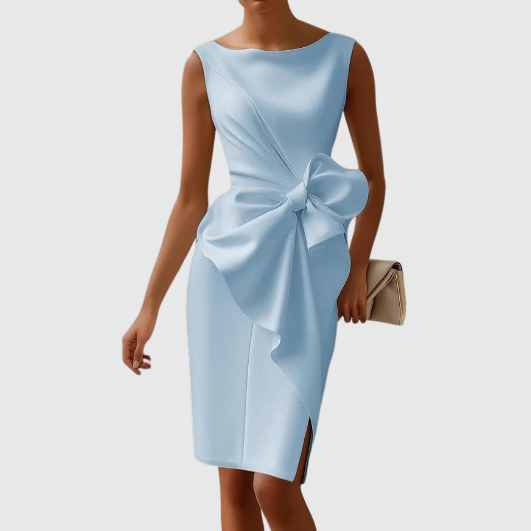 Chic women's sleeveless bodycon midi evening dress with an elegant bow detail, suited for formal parties & events.