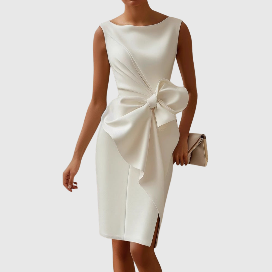 Women's elegant bodycon midi cocktail dress with bow detail. Perfect for evening parties, formal & special occasions.