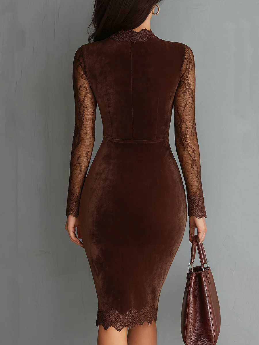 Sophisticated bodycon mini dress for women, featuring a chic keyhole neckline & delicate lace sleeves for parties.