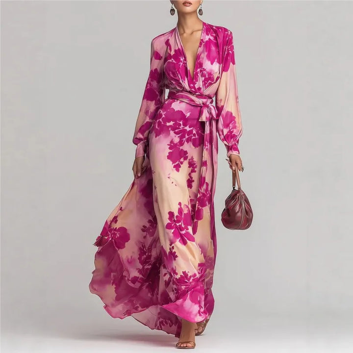 Elegant women's bohemian maxi dress with V-neck, flowy skirt & lantern sleeves, perfect for summer vacations.