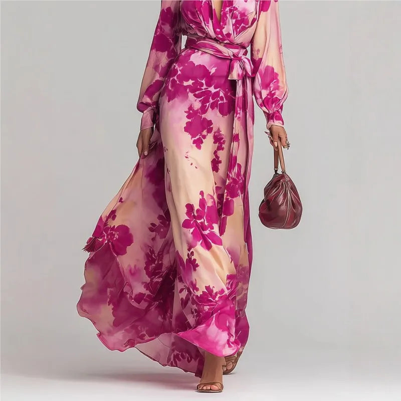 Beautiful pink women's bohemian V-neck maxi dress with lantern sleeves & belt, ideal for beach parties.