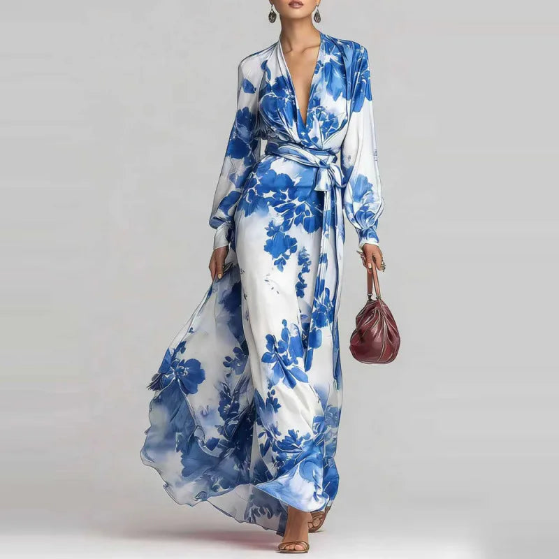 Flowy blue bohemian V-neck maxi dress for women, featuring elegant lantern sleeves and comfortable fit.