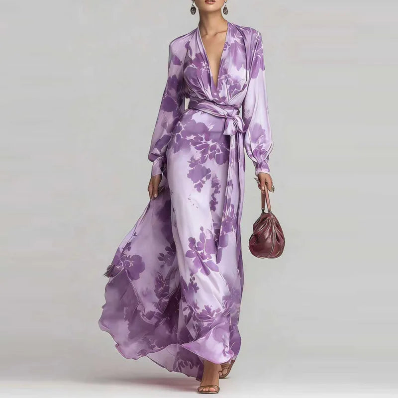 Stylish purple women's bohemian maxi dress with V-neckline, graceful lantern sleeves & belted waist.