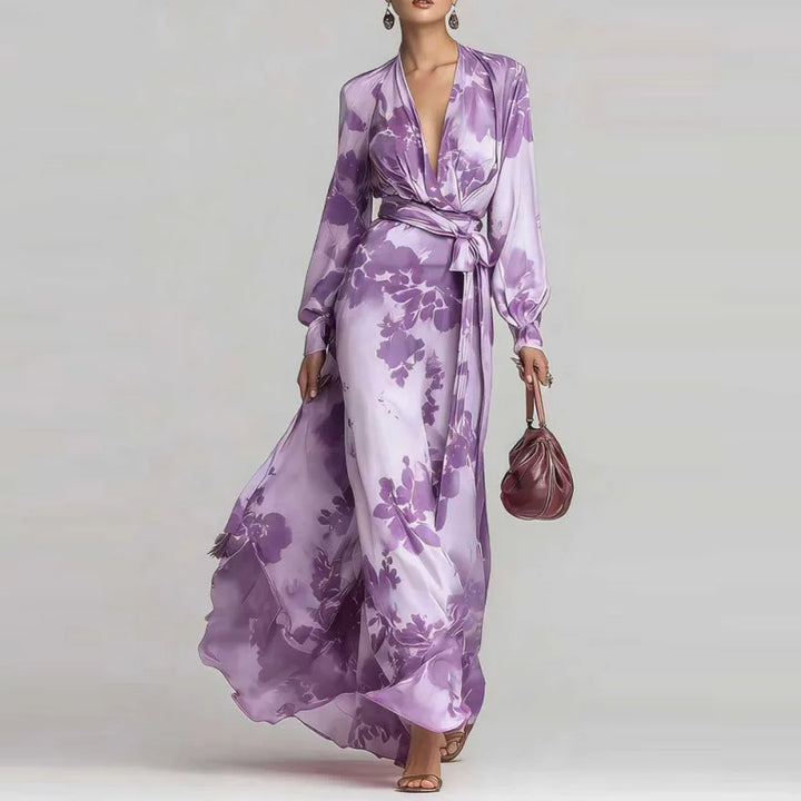 Stylish purple women's bohemian maxi dress with V-neckline, graceful lantern sleeves & belted waist.