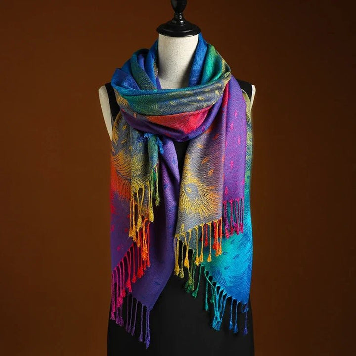 Women's accessory: Stylish peacock pattern scarf wrap with bohemian fringe, perfect for elegant fashion.