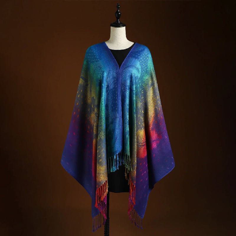 Bohemian fringe shawl for women, showcasing a beautiful peacock pattern. An elegant and versatile fashion wrap scarf.