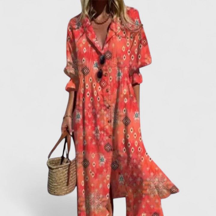 Women's flowy boho dress, exuding free-spirit elegance, comfortable and stylish for summer fashion.