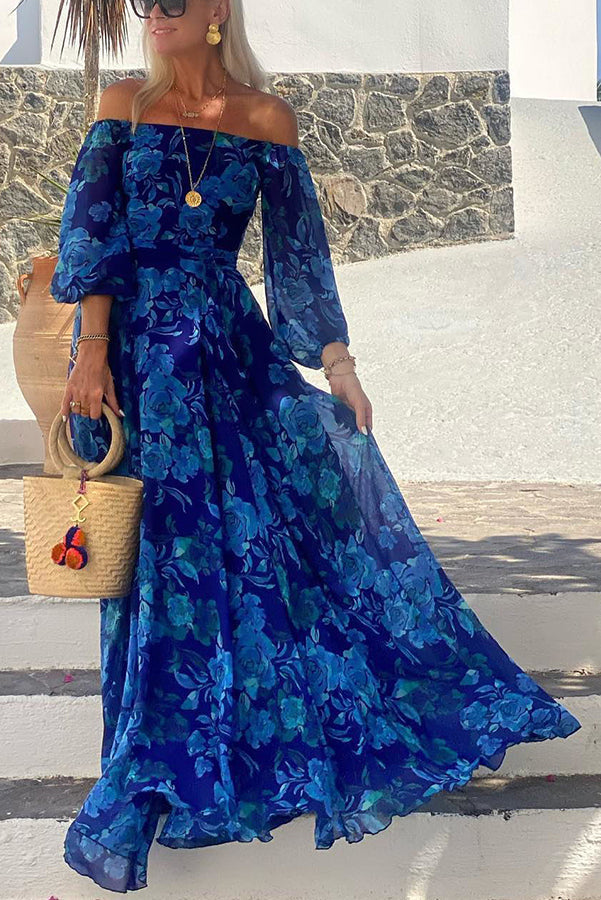 Elegant women's boho floral off-shoulder maxi dress, perfect for wedding guests or summer parties. Blue floral print.