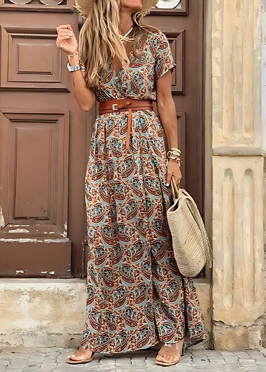 Graceful bohemian maxi dress for women, offering a flowy silhouette & matching belt; perfect elegant summer outfit.