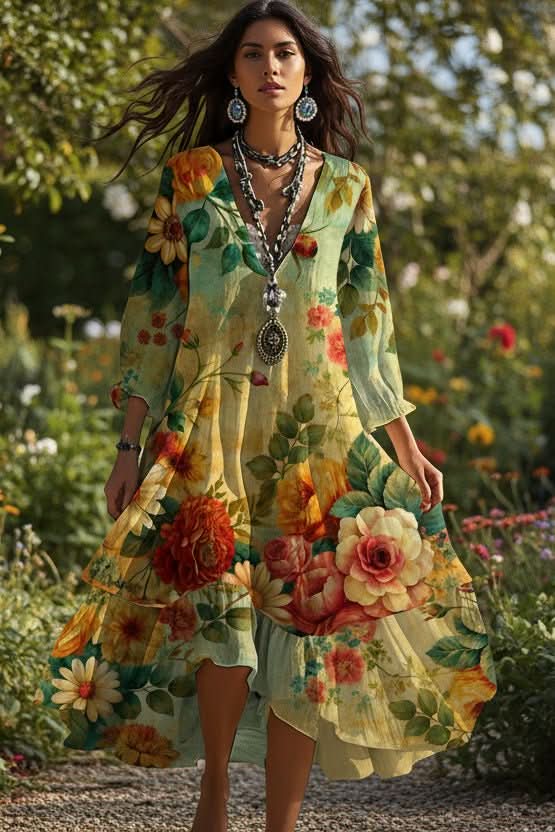 Elegant women's boho vintage maxi dress with a flowing silhouette & V-neck, perfect for summer casual or vacation.