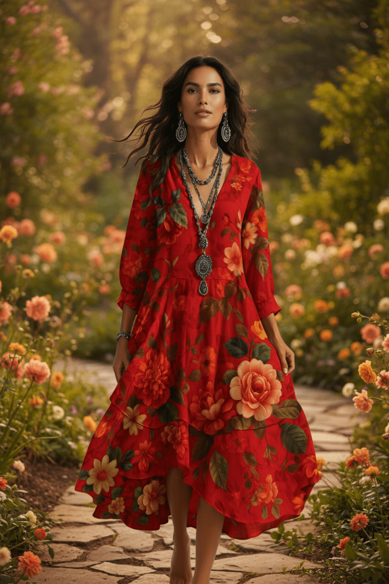 Comfortable women's boho maxi dress, ideal for summer vacation, beach attire, or elegant casual wear.